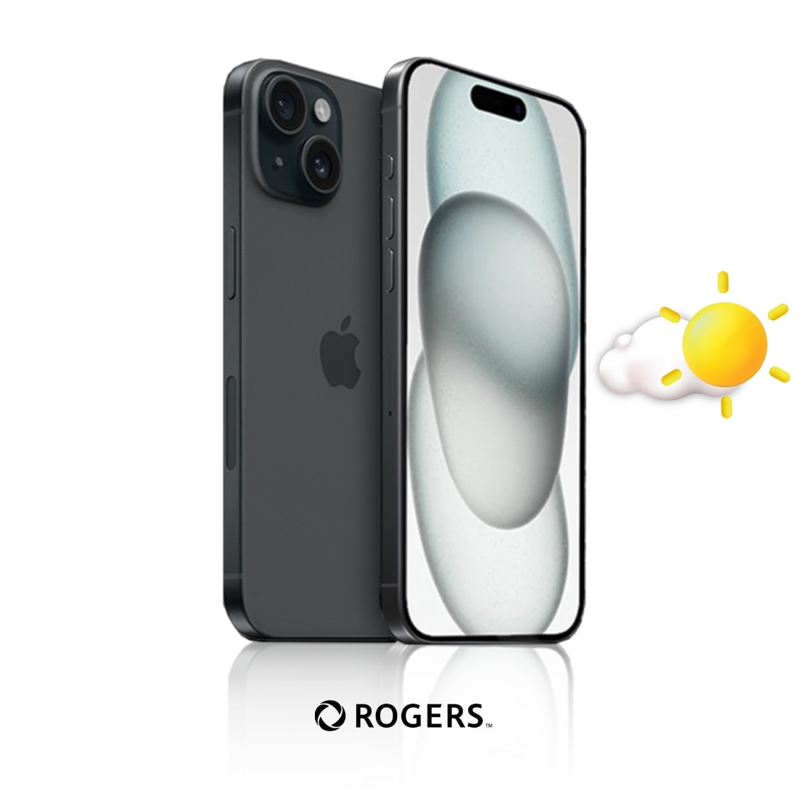 A silver iPhone 15 with Rogers logo against a white background