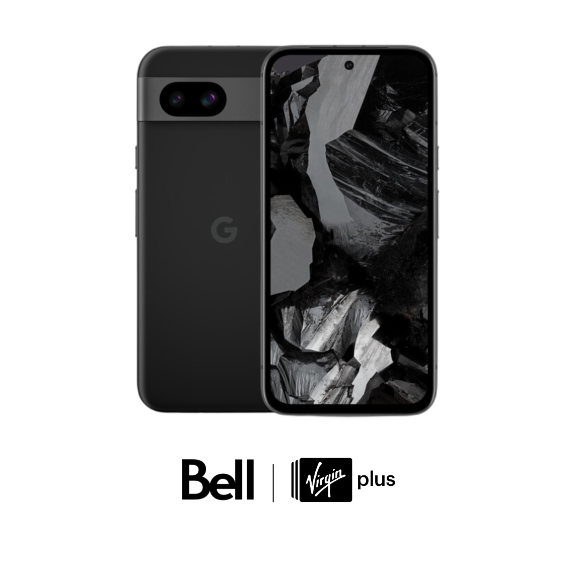 A Google Pixel 8a phone with Bell and Virgin Plus logos against a white background