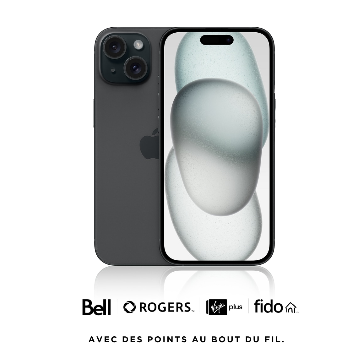 Un téléphone iPhone 15 noir avec le logo Rogers, Fido, Virgin Plus et Bell sur fond blanc