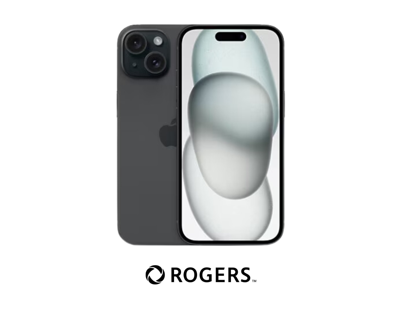 A black iPhone 15 with Rogers logo against a white background