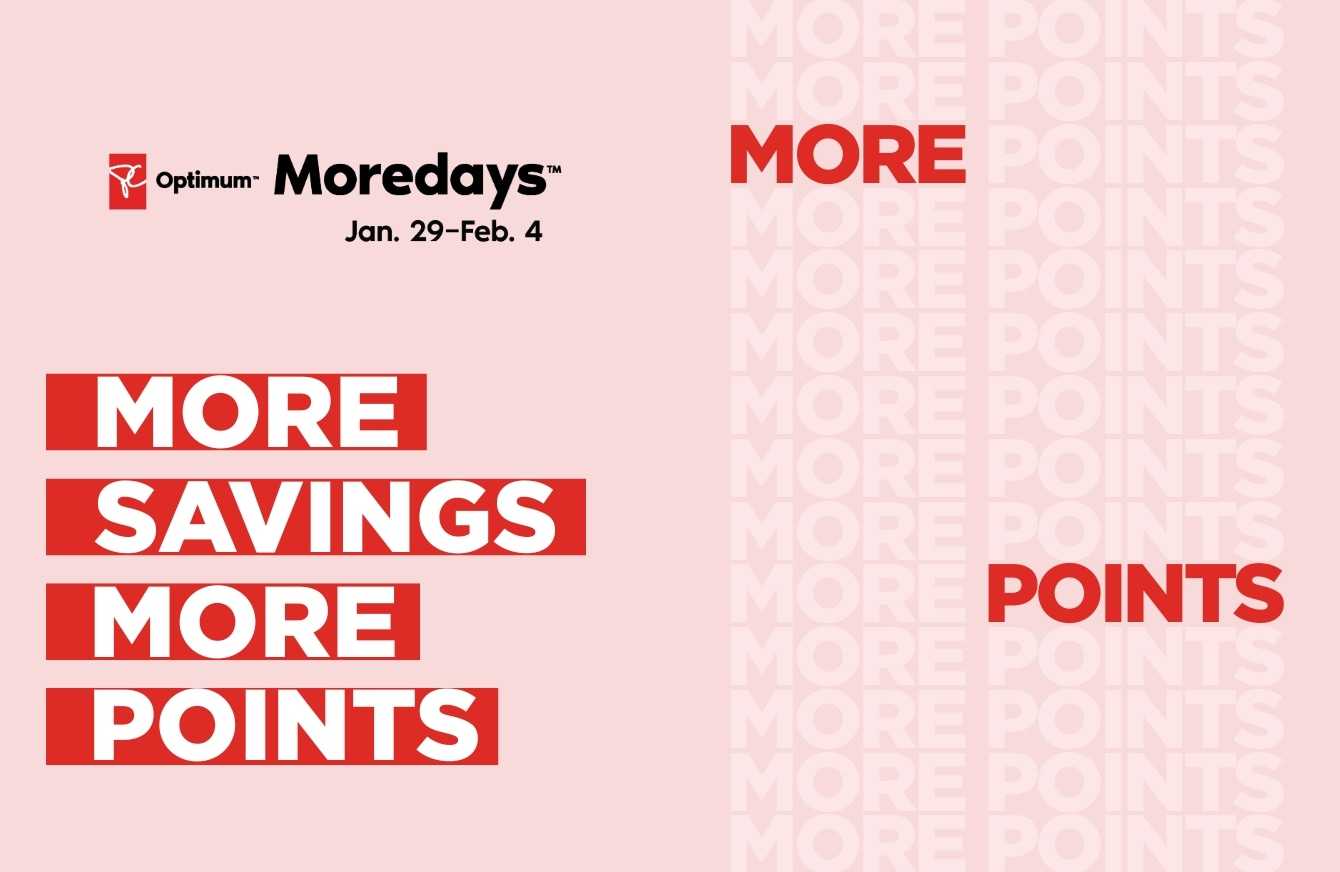 "More Savings More Points" runs down a pink background repeatedly underneath the official PC Optimum Moredays logo lockup.