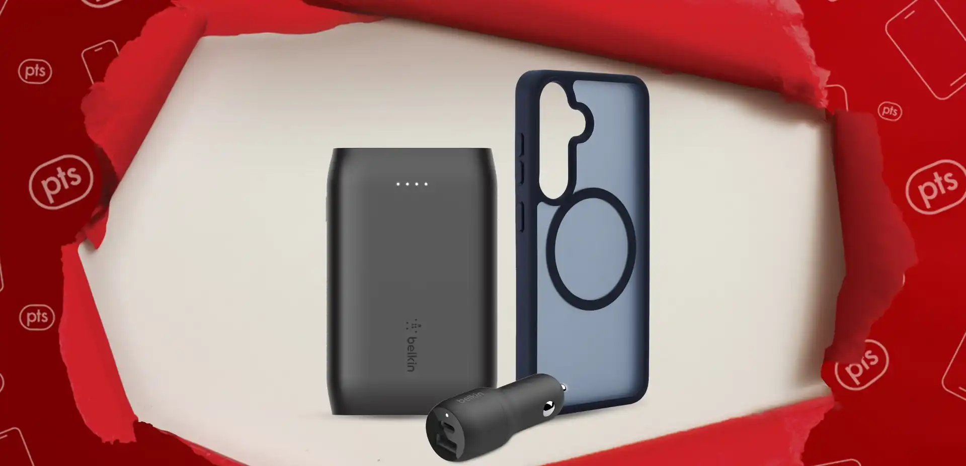 Red wrapping paper opens to reveal a blue Spectrum phone case and Black car charger and white powerbank