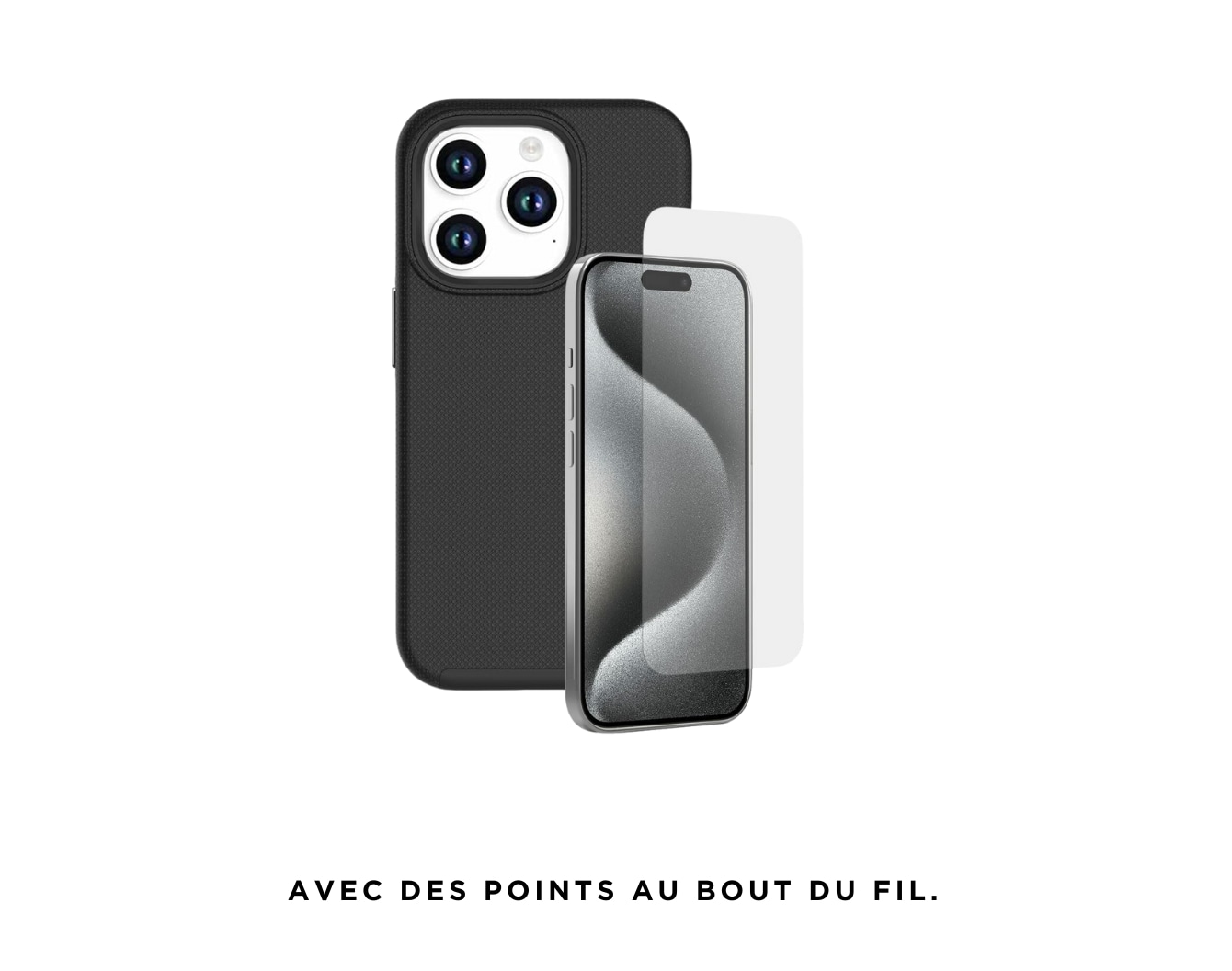 Un iPhone noir avec un protecteur d’écran transparent et un étui de téléphone noir.